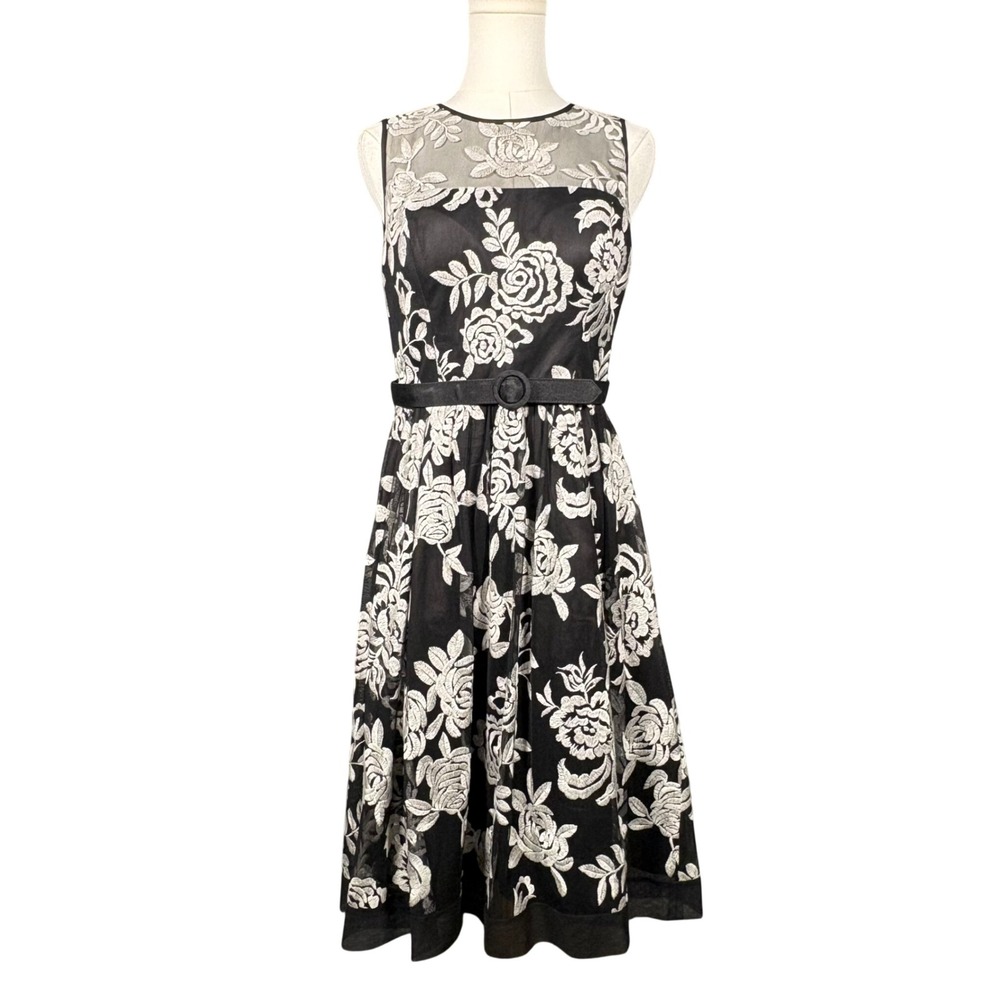 Eliza J Floral Embroidered Illusion Fit Flare Womens Black Ivory Dress Size 6